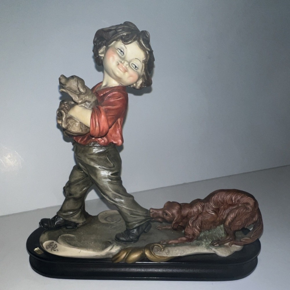 GIUSEPPE ARMANI Signed G.R. Boy With Dogs Resin Figurine Wood Base